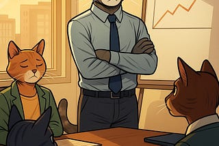 Semi-realistic illustration of an anthropomorphic gray tabby cat standing confidently at the head of a conference table, leading a meeting. The cat wears a light shirt and tie, with arms crossed, while three other cats sit and take notes. A whiteboard with an upward-trending graph and warm sunlight complete the professional office setting.