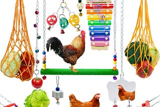 10PCS Chicken Toys for Coop, Chicken Xylophone Grinding Stone Pecking Swing Flexible Ladder String Bag Vegetable Hanging Skewer Feeder Mirror Toys for Hens for Chicken Coop Accessories