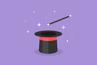 Illustration of an upside-down top hat with a magic wand above it, and sparkles.