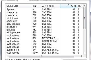 그림1. 윈도우즈 운영체제에서 실행되고 있는 프로세스 목록