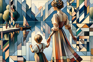In the photo, one Iranian woman with a child are illustrated walking leisurely at a lake, rendered in a style that emphasizes geometric forms, abstract figures, and fragmented perspectives. The woman has a updo hairstyle and is wearing midi dress