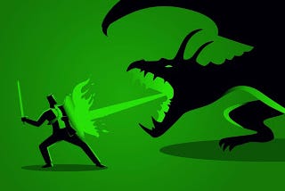 Clip art of a man in a suit holding a sword and shield fighting a fire-breathing dragon