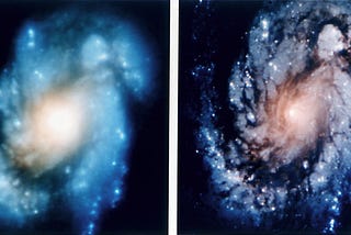 A blurry photo of a galaxy, with a bright blob in the middle surrounded by fuzzy swirling clouds of gas. Next to it, a crisp and sharp image of the same galaxy, showing many dots of light and and individual clouds where previously there was just a blur of color.