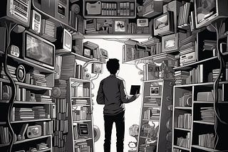 A black and white illustration with a cyberpunk feel of a standing figure, facing away towards the exterior exit of a small room closely packed with various devices and equipment.