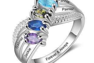 Personalized Solid Family Ring with 4 Birthstones, Custom 4 Name and 1 Inner Engraving