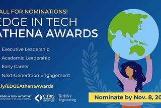 Call for Nominations: EDGE in Tech Athena Awards. Nominate by November 8, 2021 in the categories: Executive Leadership, Academic Leadership, Early Career, and Next Generation Engagement. Nominate and learn more at http://bit.ly/EDGEAthenaAwards.