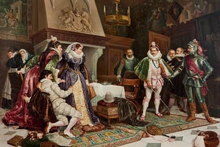 Fantastically melodramatic 19th century painting of the murder of Rizzio by G Gordon, whoever that is. Shows lots of people standing around in Jacobean-era clothes, looking shocked, angry or fearful. One man, presumably Darnley is wearing very fancy clothes and brandishing a sword. Another, presumably Rizzio, is cowering behind a woman, who must be Mary