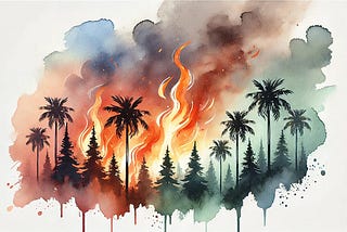 Illustration of wildfire and palm trees
