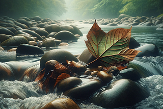 leafs stuck on a pile of rocks in the river stream
