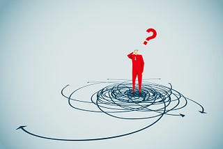 Man in red standing on a number of spiralling arrows with a question mark above his head