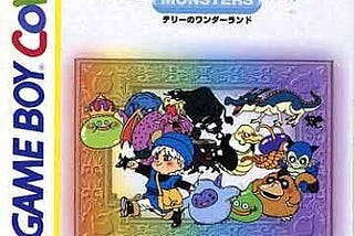 The Japanese box art for Dragon Warrior Monsters, drawn by Akira Toriyama. Main character Terry is walking confidently to the left with many other monsters following behind him.