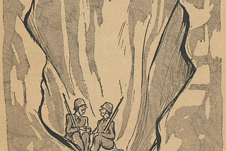 Drawing of two soliders in a hole, bombs buzzing overhead. One says: 