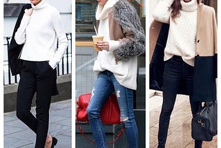 This is how to wear cream-colored knitted turtleneck…
