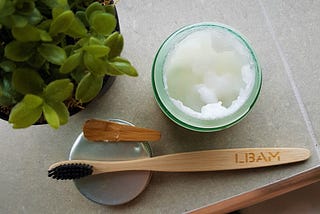 Homemade toothpaste, a bamboo toothbrush, a potted plant