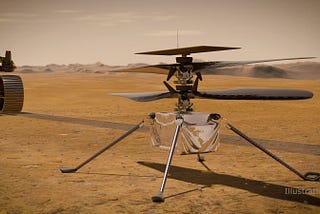 In this artist’s concept, NASA’s Ingenuity Mars Helicopter stands on the Red Planet’s surface as NASA’s Mars 2020 Perseverance rover (partially visible on the left) rolls away.