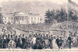 Celebration and troop review outside the White House on July 4th, 1861.