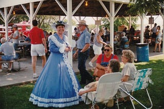 Gloria Jean Mueller poses in an old-fashioned dress at the Concord IL Sesquicentennial in 1994.