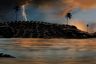 Cover art for ‘You Like It Darker’ by Stephen King. The art depicts what at fist seems to be an island dotted with palm trees beneath storm clouds, but on closer inspection is actually a massive alligator.