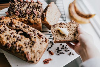 Freshly baked banana bread with pecan nuts and chocolate chips