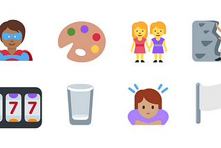 Hero emoticons, paint palette, 2 women, climbing in the first row, and slot machine, half-empty glass, distressed woman, and white flag in the second row
