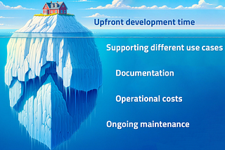 Iceberg cartoon with a house on the top and blue water/sky. The right-side of the graphic lists some benefits/costs for building vs buying (e.g. Upfront development time)