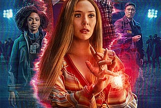 DIsney+ Promotional image of Wandavision including all the characters and a bunch of psychedelic imaging effects