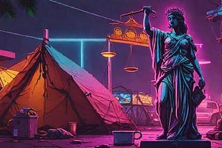 Neon Lady Justice outside tent, ai generated