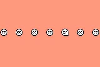 Seven icons that look very similar. Four of them are the Creative Commons brand icon, followed by the Content Credentials pin and then two more of the Creative Commons brand icon. The Creative Commons icon is two lowercase letter Cs styled similar to the global symbol for copyright but with a second C. Like the C in the copyright symbol, the two Cs are enclosed in a circle. The Content Credentials pin is lowercase letters C and R inside a teardrop shape.