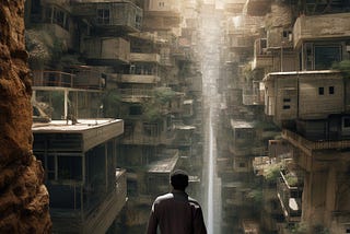 Man Overlooks from Ledge — Image made with MidJourney
