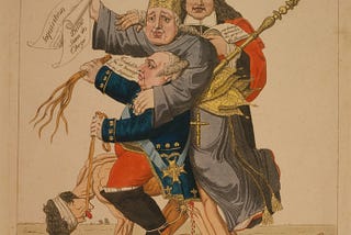 A pre-revolutionary French peasant carries the nobility on it’s back. An 18th century cartoon. Those with wealth, power, and status always depend on the work, efforts, and money of those “below” them.