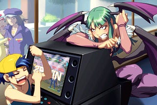 Morrigan Aensland from Darkstalkers playing and losing a game of Tatsunoko vs. Capcom against a kid in a yellow baseball hat. She looks furious, while the kid laughs victoriously. Yatterman-1 and Yatterman-2 are walking by in the background and watching curiously.