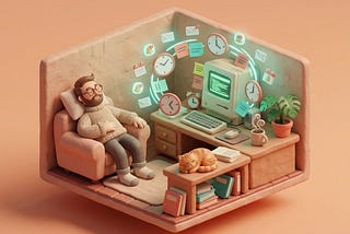Claymorphic illustration of a man sleeping in an armchair while his computer processes tasks autonomously