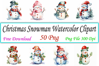 50 Christmas Snowman Watercolor Clipart