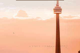 Image of Toronto's Iconic Skyline during the sunset. There are a line of birds passing by the tower as well. Image is used as a Pinterest Pin for the Blog Post: How Many Dog Parks Are There in Toronto?