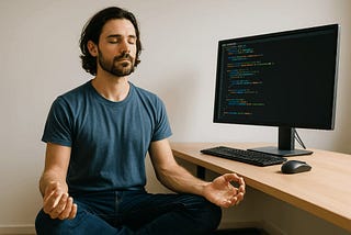 A man sitting at his computer desk, cross legged on the floor, meditating, while code is written on his screen