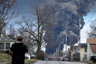 A plume of toxic smoke rises above East Palestine homes, an on-looker stands and watches