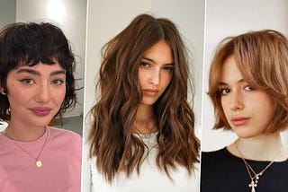 To the left: a textured shorter cut with wispy band; Middle: long, textured layers, Right: an easy to style bob; all in natural hair colors