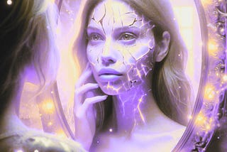 A beautiful woman struggling with her mental health looks in a cracked mirror searching for the inner child who loved herself.
