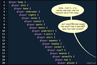 Cartoon showing CSS code with many nested at-layers. Off-panel someone complains that it may be cold but the code doesn’t need so many layers