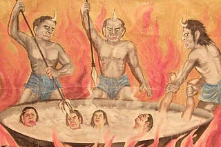 Three demons poke at hell-sufferer (who are boiling in a huge cauldron) with spears and tridents.