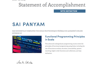 Functional Programming Principles in Scala (With Distinction). Score : 99.1%