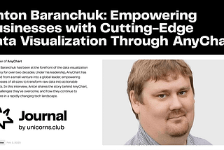 A picture of Anton Baranchuk, CEO of AnyChart, featured in Unicorns Journal interview, with the text ‘Anton Baranchuk: Empowering Businesses with Cutting-Edge Data Visualization Through AnyChart’
