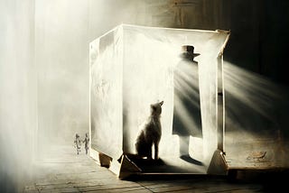 A large cat or dog is sitting behind a figure in a brimmed hat and long coat. They are both in a see through cube. The box of Schrödinger’s cat. Sepia tones but with light rays coming from the top left corner. The cat is watching the kids from the logo walk away.