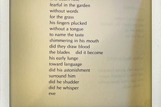 the birth of language and adam rose fearful in the garden without words for the grass his fingers plucked without a tongue to name the taste shimmering in his mouth did they draw blood the blades did it become his early lunge toward language did his astonishment surround him did he shudder did he whisper eve