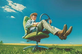 A dramatically-lit low-perspective photography-style illustration generated by AI, showing an older man seated in an office chair in a field, holding a detached steering wheel as though driving