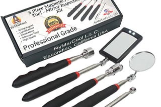 Inspection Mirror and Magnet KIT with Magnetic Pick-Up Tools. 5 Piece Set. Lighted Inspection Mirror and Lighted Magnetic Pick-Up Tool.