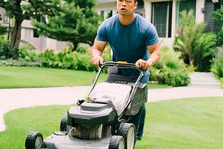 Asian male in his 30s, semi-fit build, mowing the grass in his lawn in front of his big ideal house in the summer. looks tired and depressed.