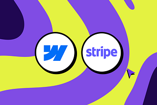 Webflow and Stripe logos side by side on a purple and lime green swirl background with a cursor arrow, illustrating Webflow Stripe integration.
