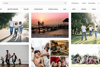 Screenshot vom November 2022 mit den ersten Bildern, die angezeigt werden, wenn man auf Pexels.com nach „Familie“ sucht. Bilder zeigen heterosexuelle Paare mit Kindern.