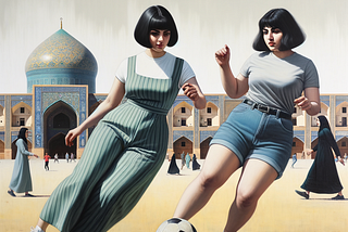 Two Iranian women one of them  plus-size young adult with side swept bangs hairstyle and wearing jumpsuit and the other slightly overweight young adult with side swept bangs hairstyle and wearing a pair of denim shorts and a tank top are play soccer on a street and the Naqsh-e Jahan Square in Isfahan in the background , rendered with abstract forms and a collage of different perspectives